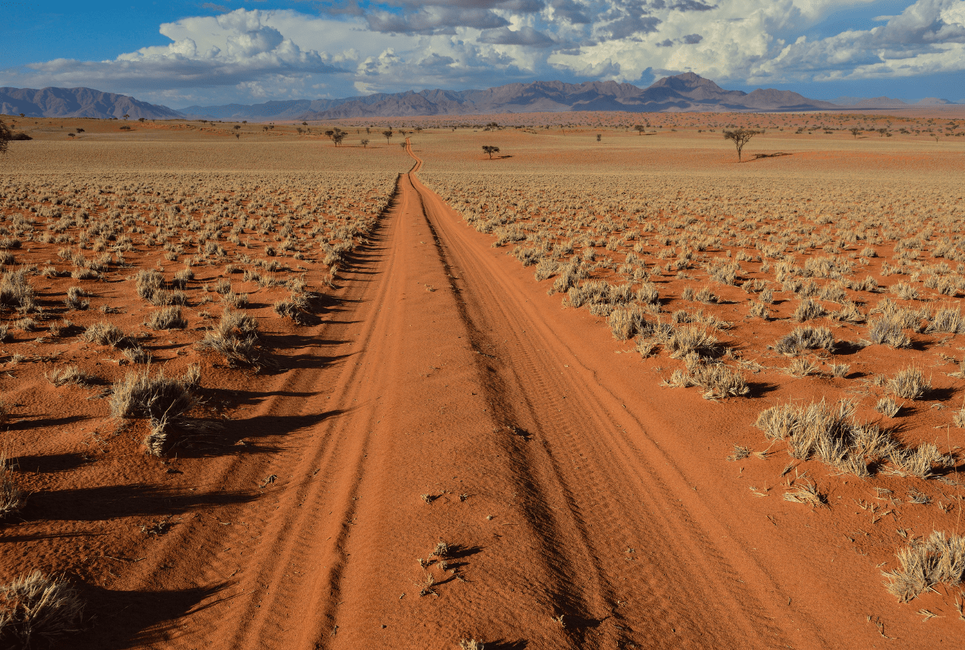 Camino de tierra roja atravesando la llanura desértica de Namibia bajo un cielo azul con nubes y montañas de fondo.